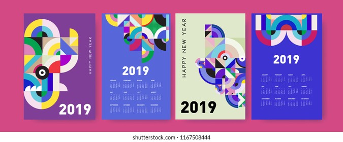 2019 calendar design template with colorful polygonal illustration background  