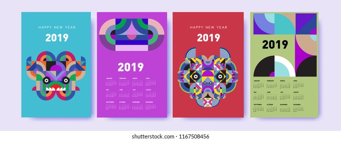 2019 calendar design template with colorful polygonal illustration background  