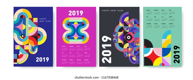 2019 calendar design template with colorful polygonal illustration background  