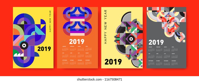 2019 calendar design template with colorful polygonal illustration background  