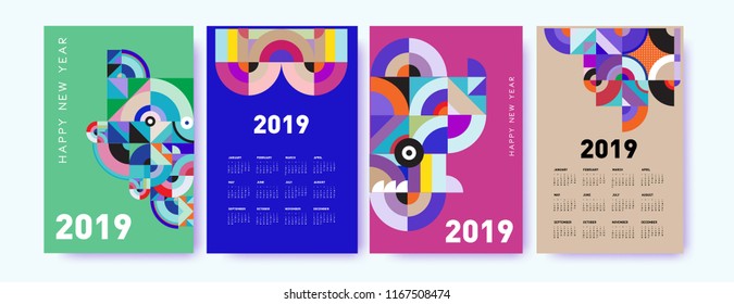 2019 calendar design template with colorful polygonal illustration background  
