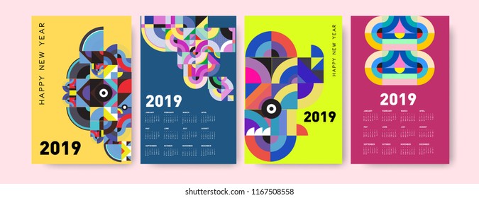 2019 calendar design template with colorful polygonal illustration background  