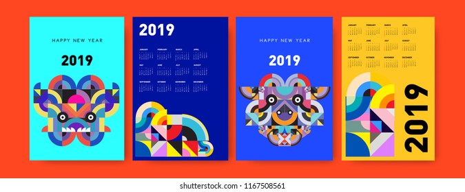 2019 calendar design template with colorful polygonal illustration background  