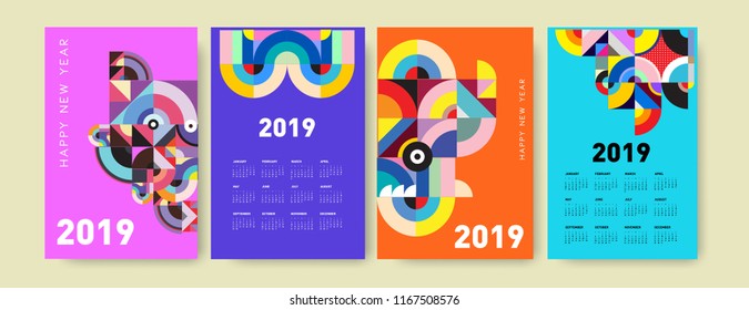 2019 calendar design template with colorful polygonal illustration background  