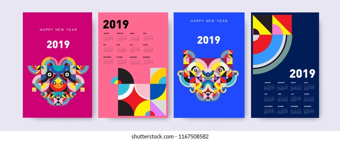 2019 calendar design template with colorful polygonal illustration background  
