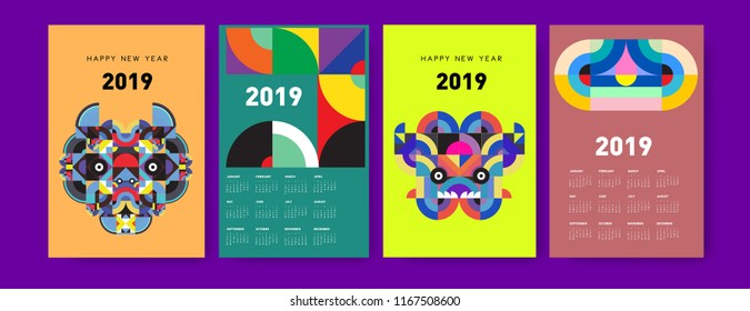 2019 calendar design template with colorful polygonal illustration background  