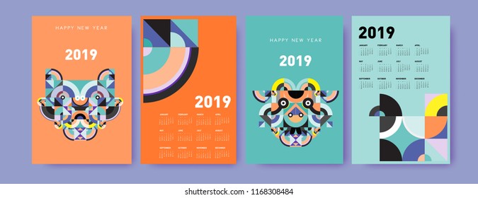 2019 calendar design template with colorful polygonal illustration background