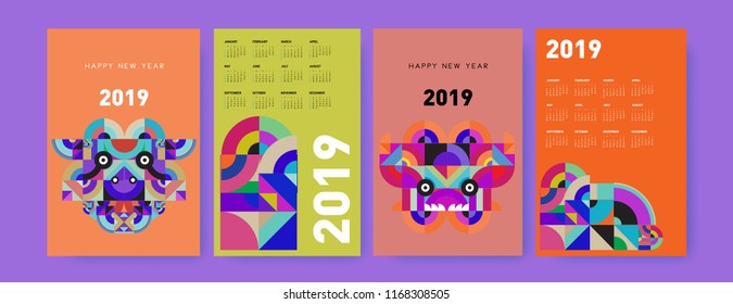 2019 calendar design template with colorful polygonal illustration background