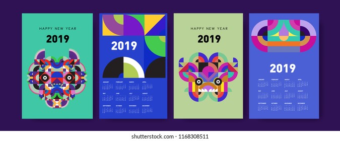 2019 calendar design template with colorful polygonal illustration background