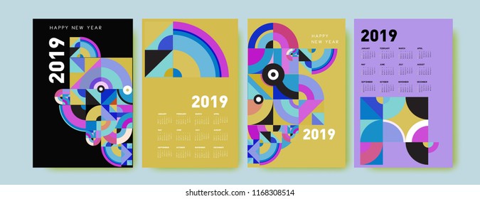 2019 calendar design template with colorful polygonal illustration background
