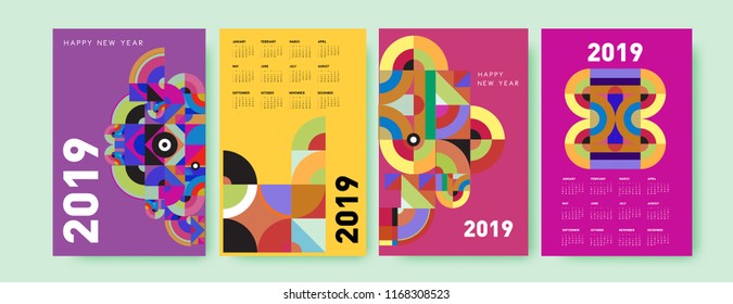 2019 calendar design template with colorful polygonal illustration background