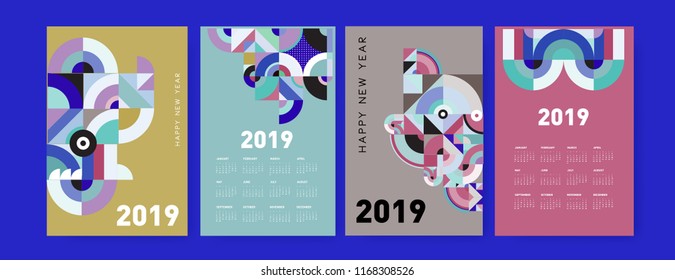 2019 calendar design template with colorful polygonal illustration background