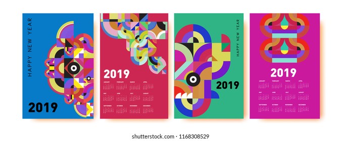 2019 calendar design template with colorful polygonal illustration background