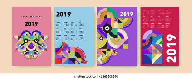 2019 calendar design template with colorful polygonal illustration background