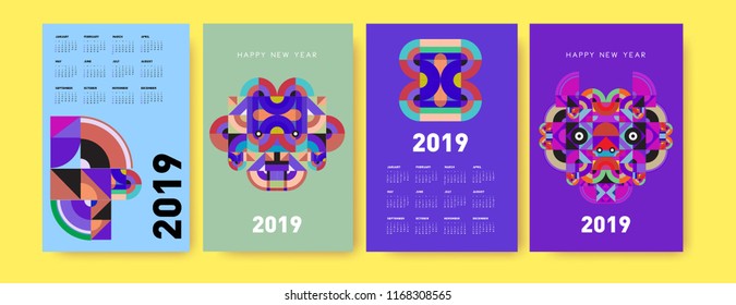 2019 calendar design template with colorful polygonal illustration background