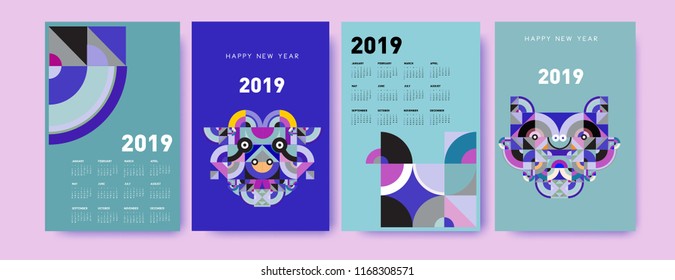 2019 calendar design template with colorful polygonal illustration background