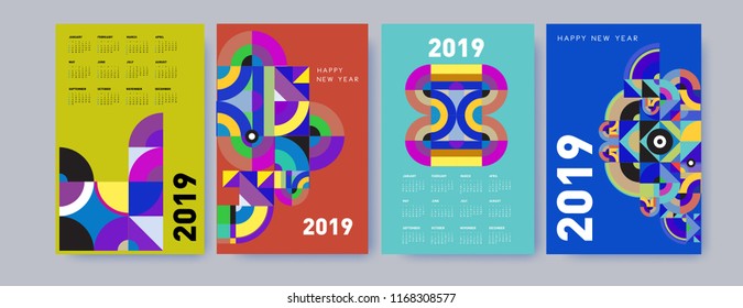 2019 calendar design template with colorful polygonal illustration background