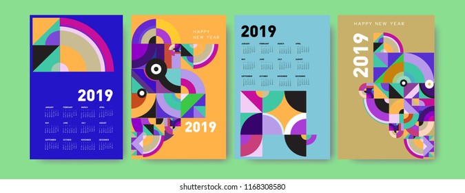 2019 calendar design template with colorful polygonal illustration background
