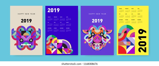 2019 calendar design template with colorful polygonal illustration background
