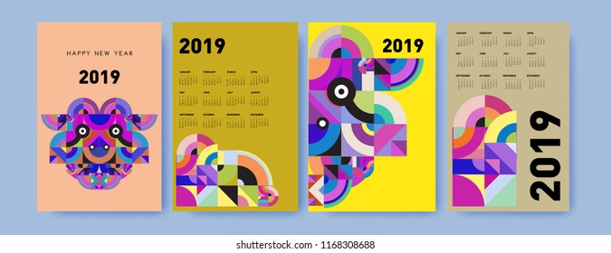 2019 calendar design template with colorful polygonal illustration background
