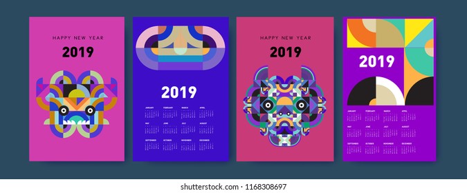 2019 calendar design template with colorful polygonal illustration background
