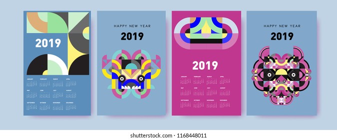 2019 calendar design template with colorful polygonal illustration background