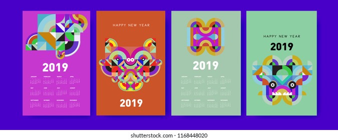 2019 calendar design template with colorful polygonal illustration background