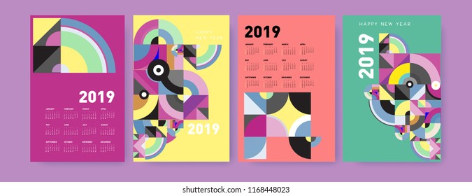 2019 calendar design template with colorful polygonal illustration background