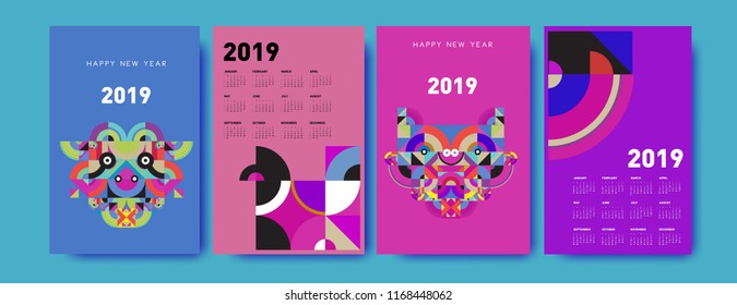 2019 calendar design template with colorful polygonal illustration background