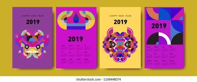 2019 calendar design template with colorful polygonal illustration background