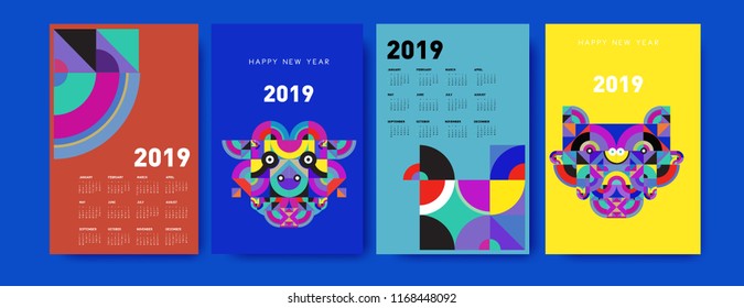 2019 calendar design template with colorful polygonal illustration background