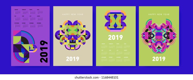 2019 calendar design template with colorful polygonal illustration background