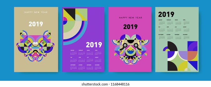2019 calendar design template with colorful polygonal illustration background