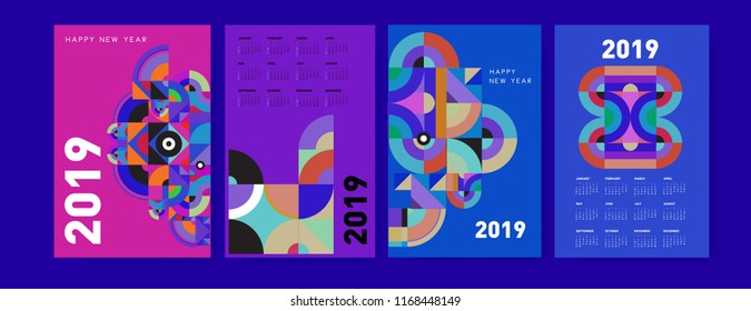 2019 calendar design template with colorful polygonal illustration background