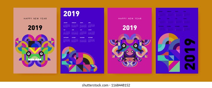 2019 calendar design template with colorful polygonal illustration background