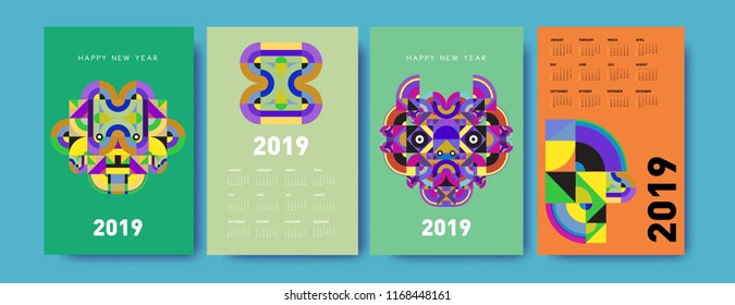 2019 calendar design template with colorful polygonal illustration background