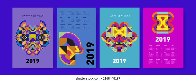 2019 calendar design template with colorful polygonal illustration background