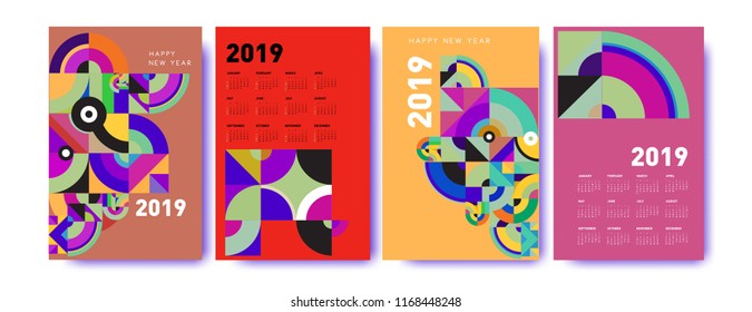 2019 calendar design template with colorful polygonal illustration background