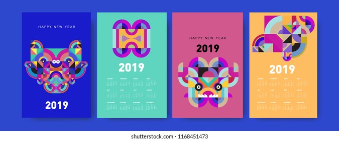 2019 calendar design template with colorful polygonal illustration background