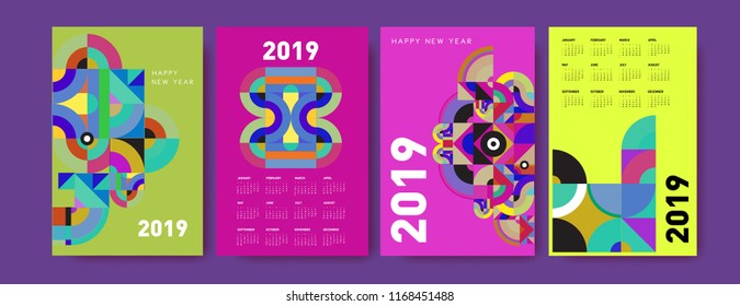 2019 calendar design template with colorful polygonal illustration background