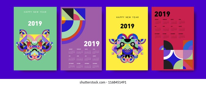 2019 calendar design template with colorful polygonal illustration background