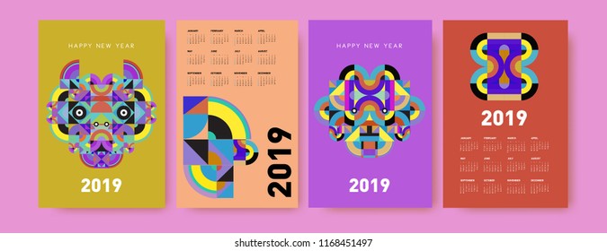 2019 calendar design template with colorful polygonal illustration background