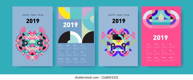 2019 calendar design template with colorful polygonal illustration background