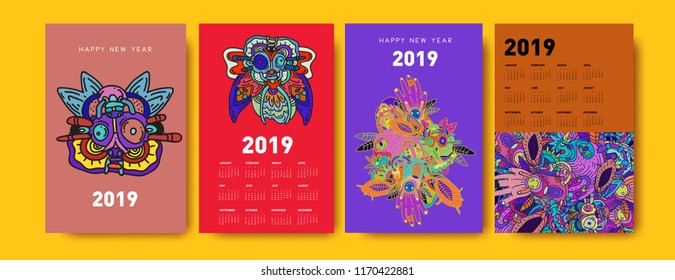 2019 calendar design template with ethnic colorful doodle illustration background
