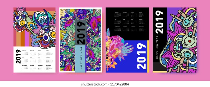 2019 calendar design template with ethnic colorful doodle illustration background
