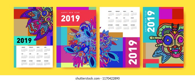 2019 calendar design template with ethnic colorful doodle illustration background
