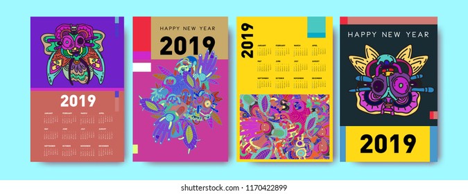 2019 calendar design template with ethnic colorful doodle illustration background
