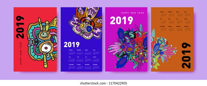 2019 calendar design template with ethnic colorful doodle illustration background
