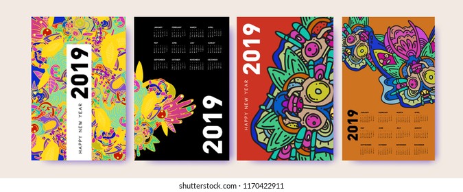 2019 calendar design template with ethnic colorful doodle illustration background
