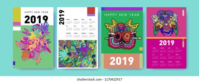 2019 calendar design template with ethnic colorful doodle illustration background
